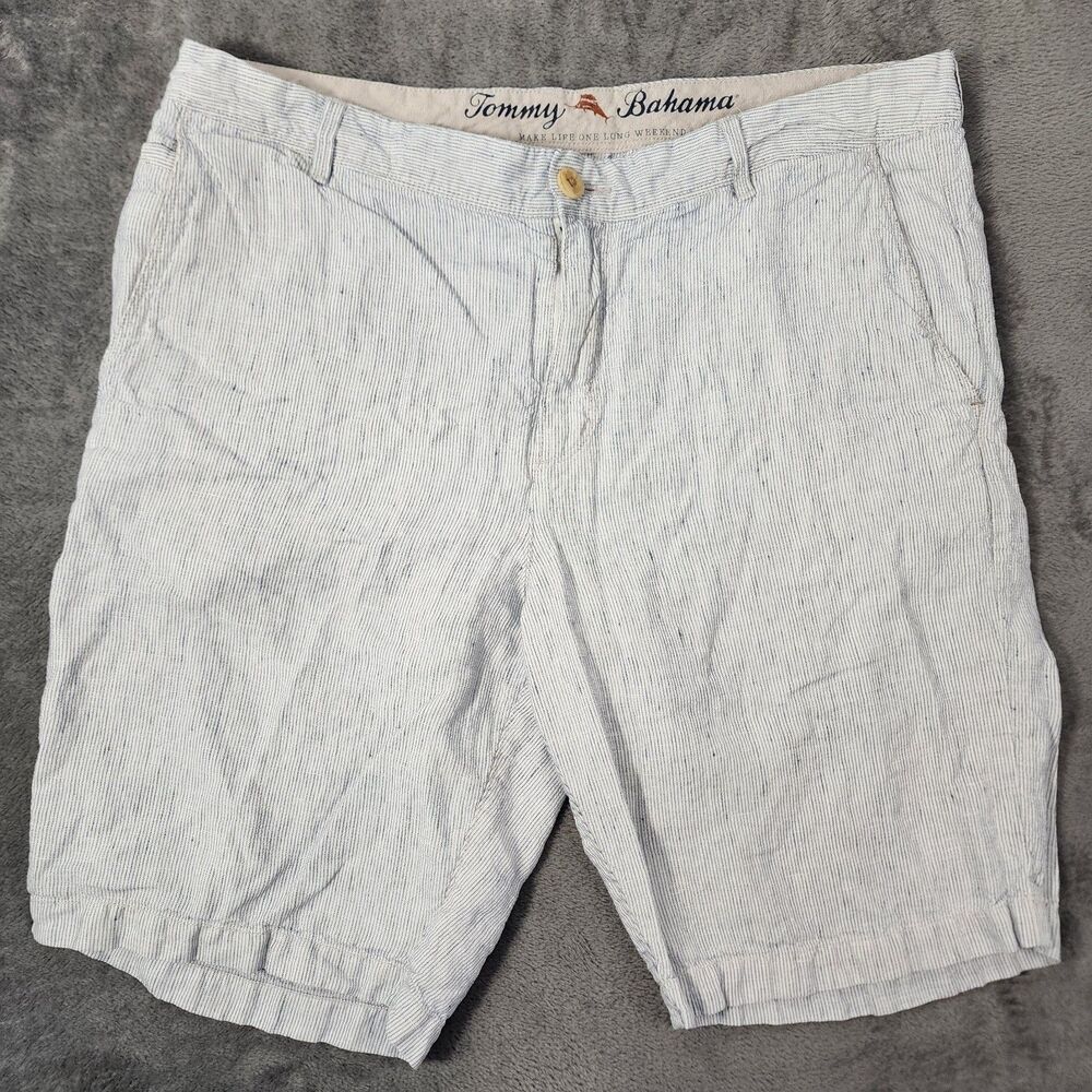 Tommy Bahama Men's Size 34 White Blue Striped 100% Linen Resort Vacation Shorts